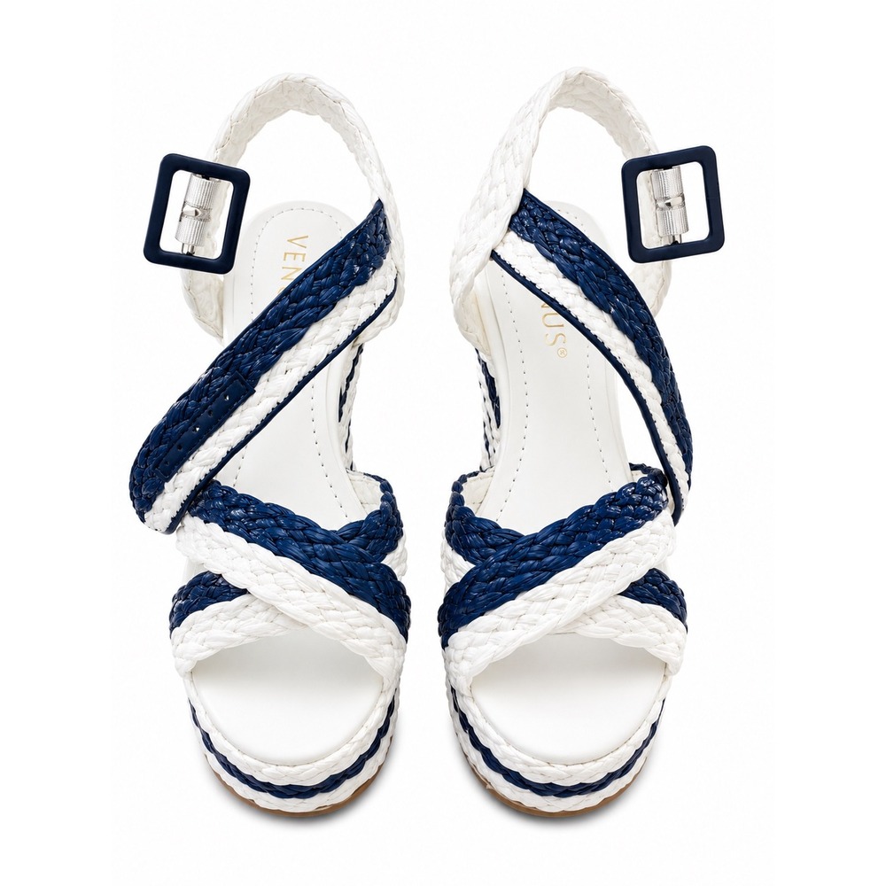 Nautical Navy Braided Wedge Sandals Coastal Preppy Yacht Club Hamptons Old Money
